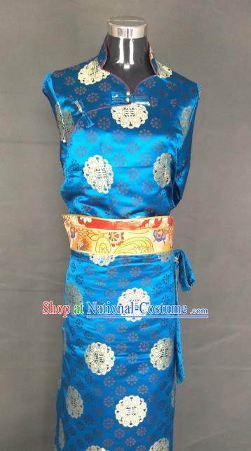 Chinese Traditional Zang Nationality Dress, China Tibetan Heishui Dance Blue Brocade Costume for Women