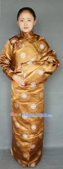 Chinese Traditional Zang Nationality Clothing Golden Tibetan Robe, China Tibetan Ethnic Heishui Dance Costume for Women