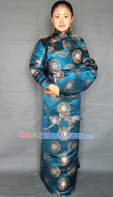 Chinese Traditional Zang Nationality Clothing Blue Tibetan Robe, China Tibetan Ethnic Heishui Dance Costume for Women