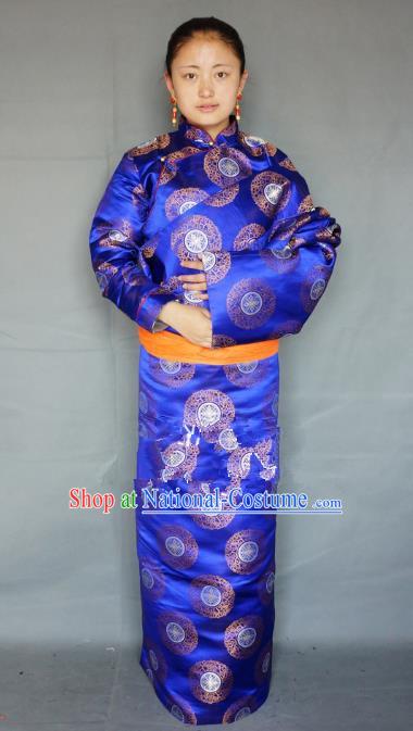 Chinese Traditional Zang Nationality Clothing Royalblue Tibetan Robe, China Tibetan Ethnic Heishui Dance Costume for Women