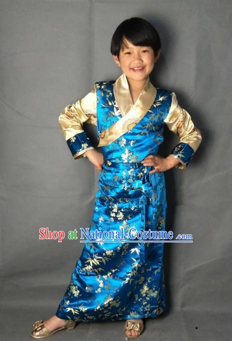 Chinese Traditional Zang Nationality Costume Blue Brocade Dress, China Tibetan Ethnic Clothing for Kids