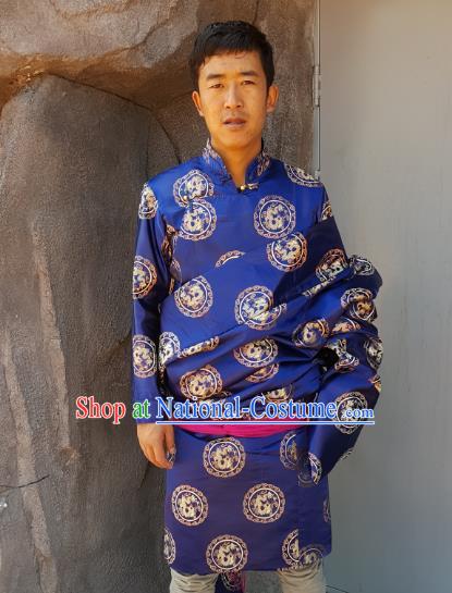 Chinese Traditional Zang Nationality Costume Blue Brocade Tibetan Robe, China Tibetan Ethnic Clothing for Men