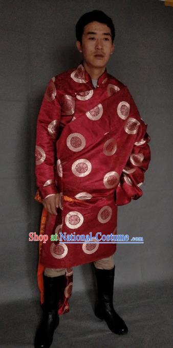 Chinese Traditional Zang Nationality Costume Red Brocade Tibetan Robe, China Tibetan Ethnic Clothing for Men