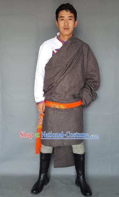 Chinese Traditional Zang Nationality Costume Grey Tibetan Robe, China Tibetan Ethnic Clothing for Men