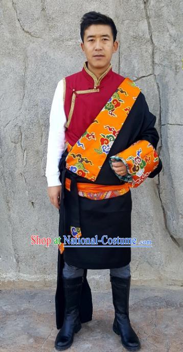 Chinese Traditional Zang Nationality Costume, China Tibetan Ethnic Black Brocade Robe for Men