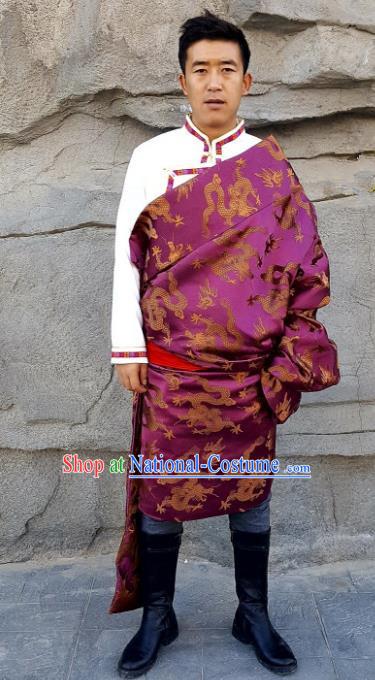 Chinese Traditional Zang Nationality Costume, China Tibetan Ethnic Purple Dragons Brocade Robe for Men