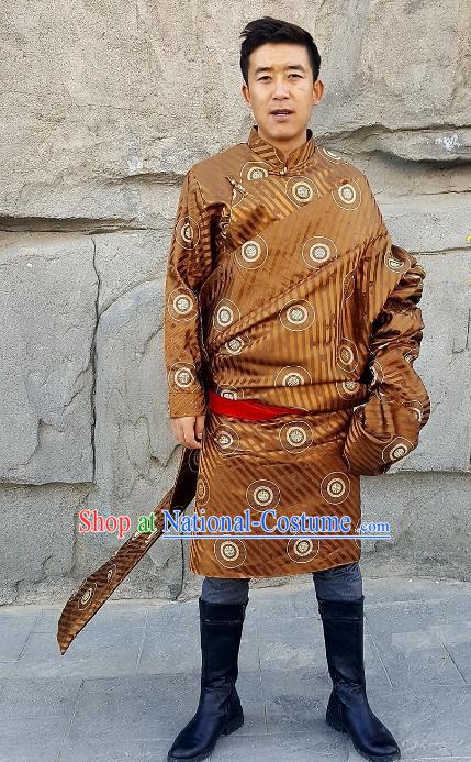 Chinese Traditional Zang Nationality Costume, China Tibetan Ethnic Golden Brocade Robe for Men