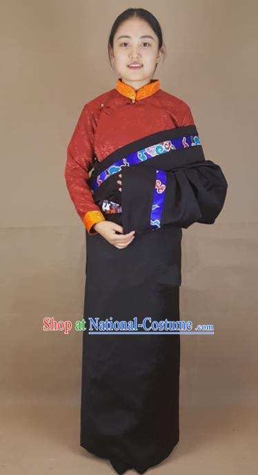 Chinese Traditional Zang Nationality Clothing Black Tibetan Robe, China Tibetan Ethnic Heishui Dance Costume for Women