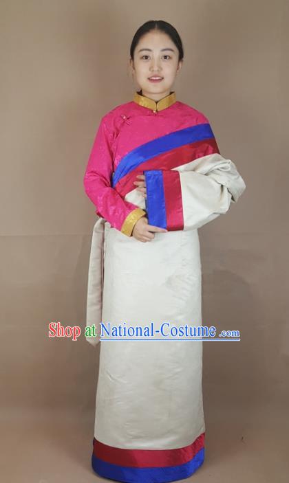 Chinese Traditional Zang Nationality Clothing White Silk Tibetan Robe, China Tibetan Ethnic Heishui Dance Costume for Women