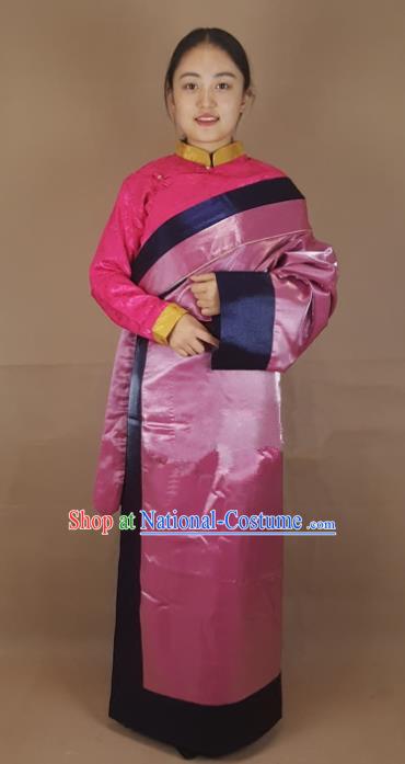 Chinese Traditional Zang Nationality Clothing Pink Silk Tibetan Robe, China Tibetan Ethnic Heishui Dance Costume for Women