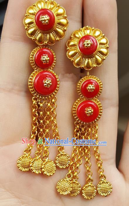 Traditional Chinese Zang Nationality Accessories Golden Earrings, China Tibetan Tassel Eardrop for Women