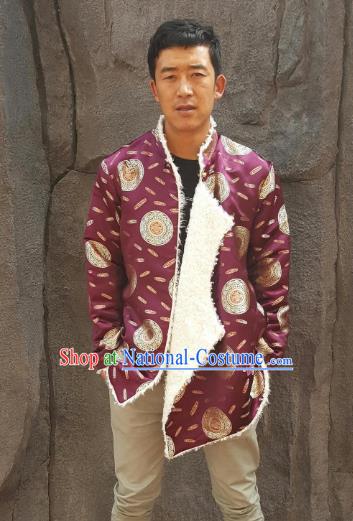 Chinese Traditional Zang Nationality Costume Purple Cotton-padded Jacket, China Tibetan Ethnic Clothing for Men