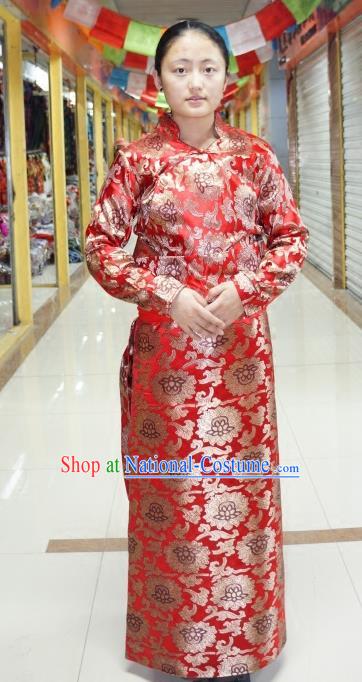 Chinese Traditional Zang Nationality Red Dress Clothing, China Tibetan Ethnic Heishui Dance Costume for Women