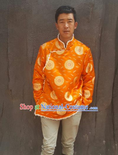 Chinese Traditional Zang Nationality Costume Yellow Cotton-padded Jacket, China Tibetan Ethnic Clothing for Men