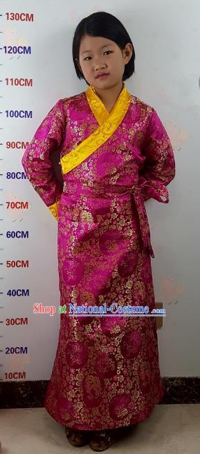 Chinese Traditional Zang Nationality Children Costume, China Tibetan Ethnic Rosy Brocade Dress for Kids