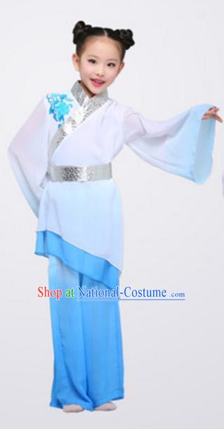 Top Grade Chinese Classical Dance Folk Dance Clothing Stage Performance Yangko Dance Blue Costume for Kids