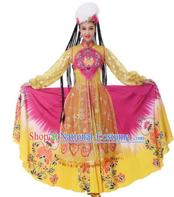 Chinese Traditional Uyghur Nationality Yellow Dress, China Uigurian Minority Ethnic Dance Costume and Headpiece for Women