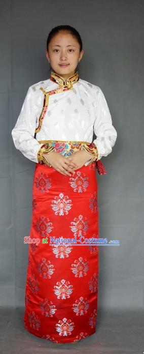 Chinese Traditional Zang Nationality Red Brocade Skirt, China Tibetan Heishui Dance Costume for Women