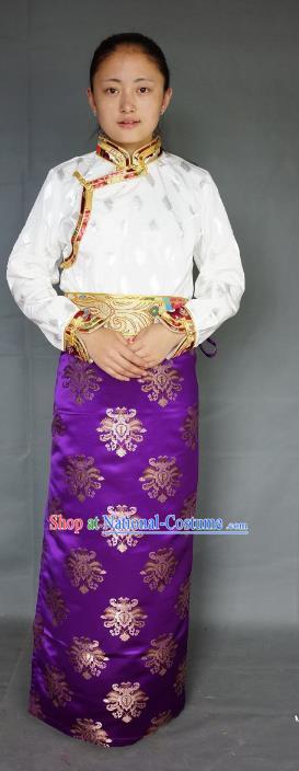 Chinese Traditional Zang Nationality Purple Brocade Skirt, China Tibetan Heishui Dance Costume for Women