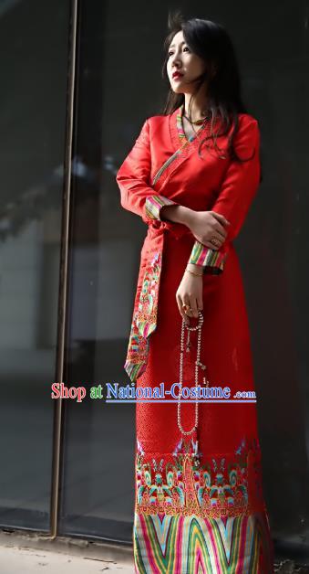 Chinese Traditional Zang Nationality Red Brocade Dress, China Tibetan Dance Costume for Women