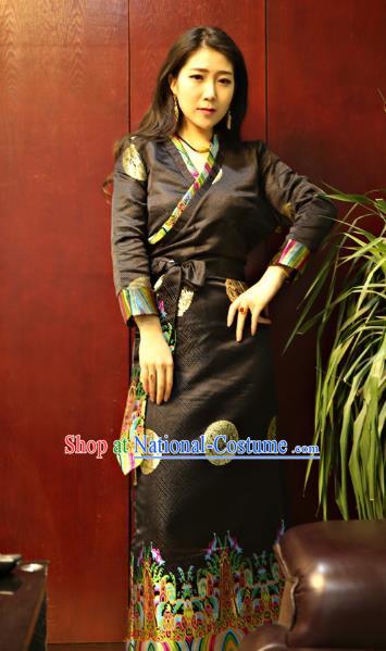 Chinese Traditional Zang Nationality Black Brocade Dress, China Tibetan Dance Costume for Women