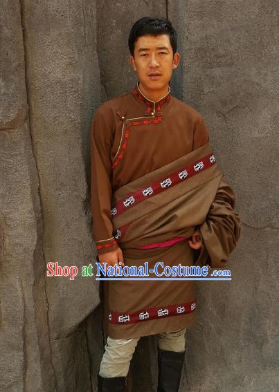 Chinese Traditional Zang Nationality Male Brown Costume, China Tibetan Heishui Dance Ethnic Clothing for Men