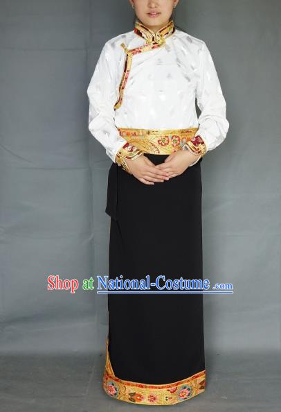 Chinese Traditional Zang Nationality Black Brocade Skirt, China Tibetan Heishui Dance Costume for Women