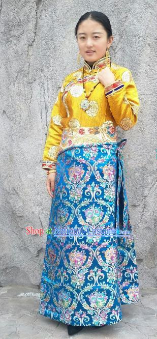 Chinese Traditional Zang Nationality Blue Brocade Bust Skirt, China Tibetan Heishui Dance Costume for Women