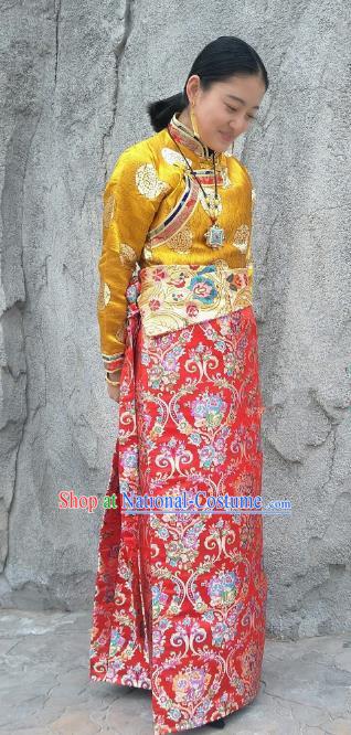 Chinese Traditional Zang Nationality Red Brocade Bust Skirt, China Tibetan Heishui Dance Costume for Women