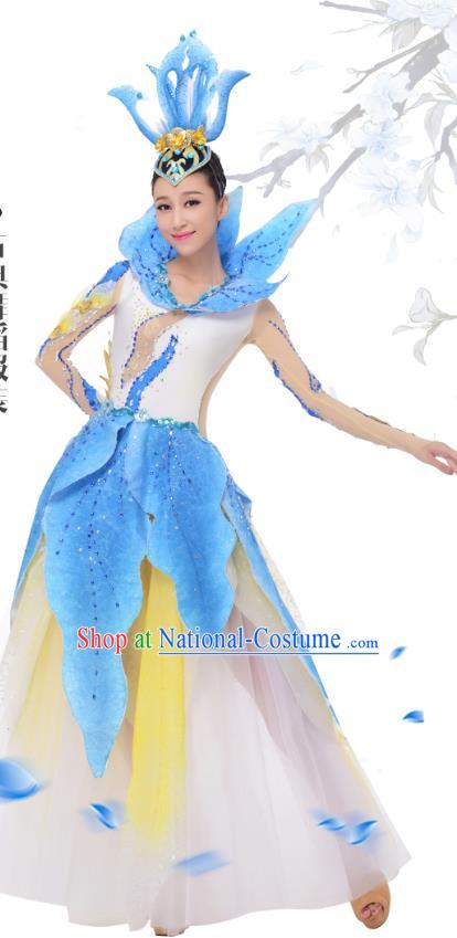 Top Grade Chinese Classical Dance Blue Dress Stage Performance Lotus Dance Costume for Women