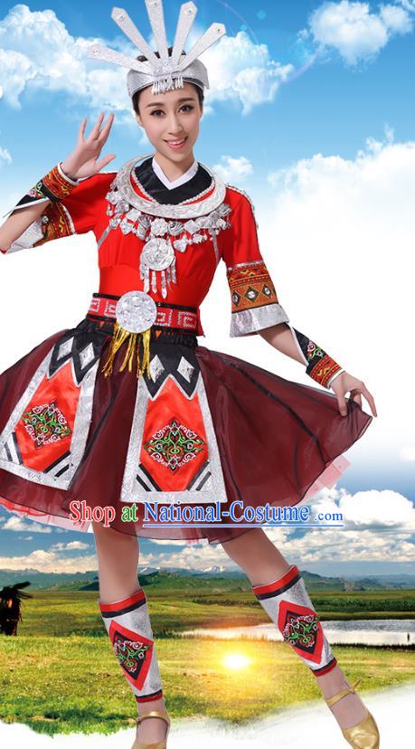 Chinese Traditional Miao Nationality Red Dress, China Hmong Minority Ethnic Dance Costume and Headpiece for Women