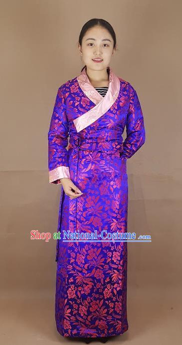 Chinese Traditional Zang Nationality Heishui Dance Costume, China Tibetan Purple Brocade Dress for Women