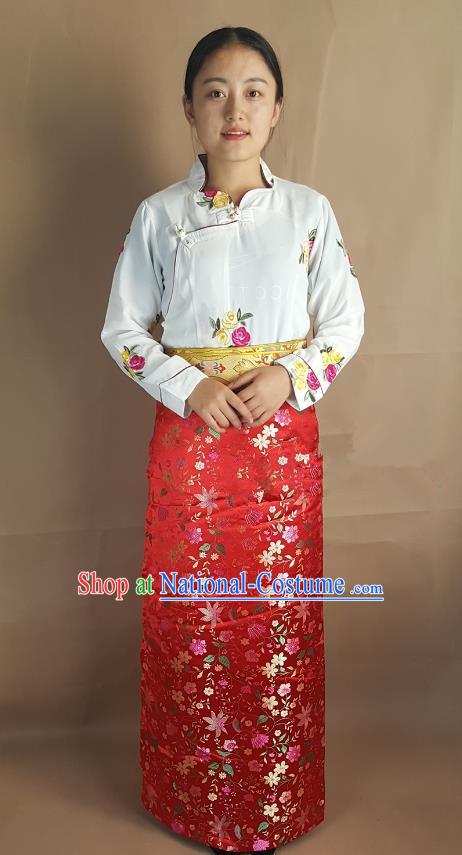 Chinese Traditional Zang Nationality Heishui Dance Costume, China Tibetan Red Brocade Skirt for Women