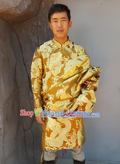 Chinese Traditional Zang Nationality Wedding Costume, China Tibetan Ethnic Embroidered Dragon Golden Tibetan Robe for Men