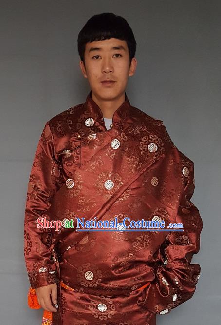 Chinese Traditional Zang Nationality Costume Purplish Red Tibetan Robe, China Tibetan Ethnic Embroidered Clothing for Men