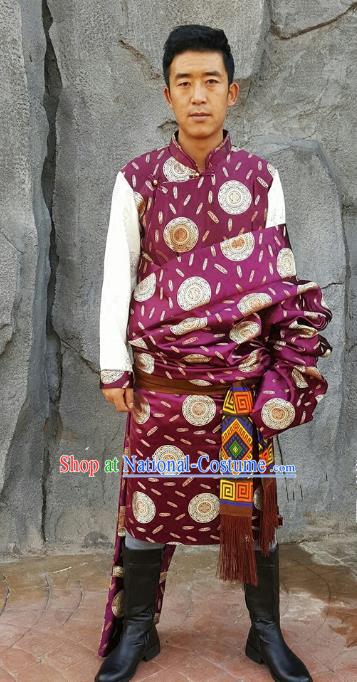 Chinese Traditional Zang Nationality Costume Purple Brocade Tibetan Robe, China Tibetan Ethnic Clothing for Men