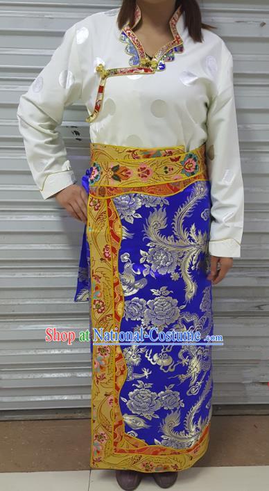 Chinese Traditional Zang Nationality Costume, China Tibetan Heishui Dance Royalblue Brocade Skirt for Women