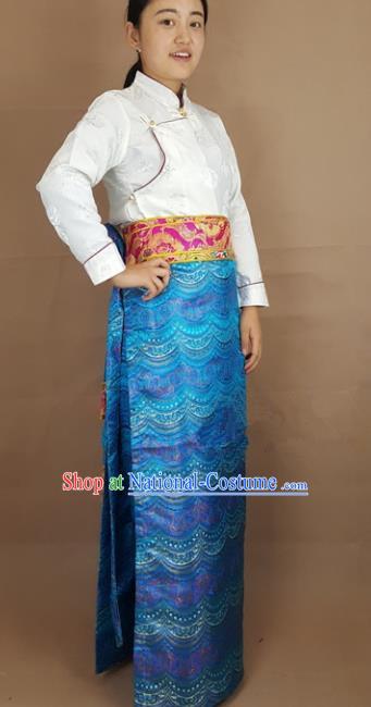 Chinese Traditional Zang Nationality Costume, China Tibetan Heishui Dance Blue Brocade Skirt for Women