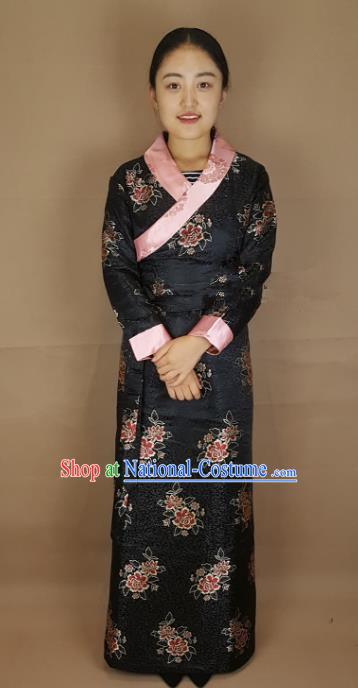 Chinese Traditional Zang Nationality Costume Black Brocade Dress, China Tibetan Heishui Dance Clothing for Women