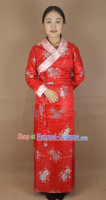 Chinese Traditional Zang Nationality Costume Red Brocade Dress, China Tibetan Heishui Dance Clothing for Women