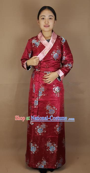 Chinese Traditional Zang Nationality Costume Wine Red Brocade Dress, China Tibetan Heishui Dance Clothing for Women