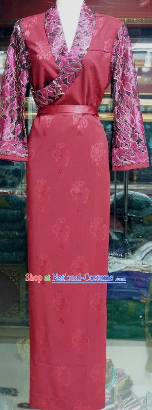 Chinese Traditional Zang Nationality Costume Red Brocade Dress, China Tibetan Heishui Dance Clothing for Women