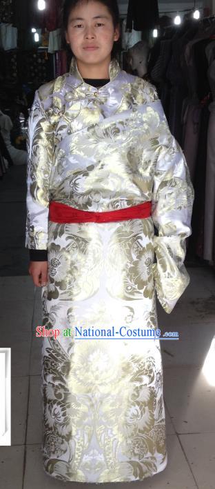 Chinese Traditional Zang Nationality White Brocade Costume, China Tibetan Heishui Dance Clothing for Women