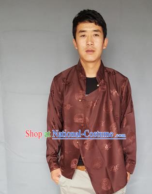 Chinese Traditional Zang Nationality Costume Brown Shirts, China Tibetan Ethnic Upper Outer Garment Clothing for Men