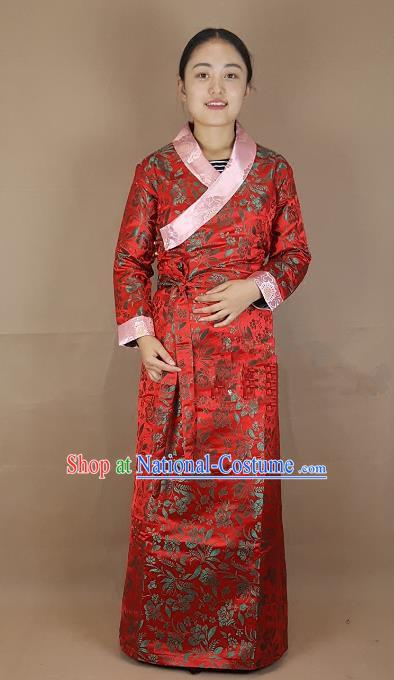 Chinese Traditional Zang Nationality Heishui Dance Costume, China Tibetan Red Brocade Dress for Women