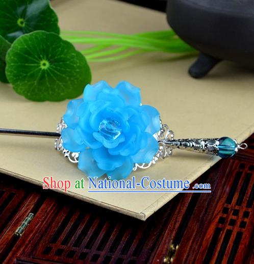 Chinese Traditional Ancient Hair Accessories Hanfu Hairpins Light Blue Peony Hairdo Crown Headwear for Women