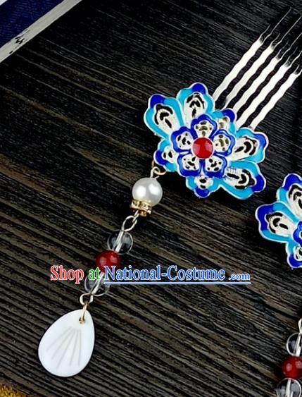 Chinese Traditional Ancient Hair Accessories Hanfu Hairpins Cloisonne Blueing Lotus Tassel Hair Combs Headwear for Women