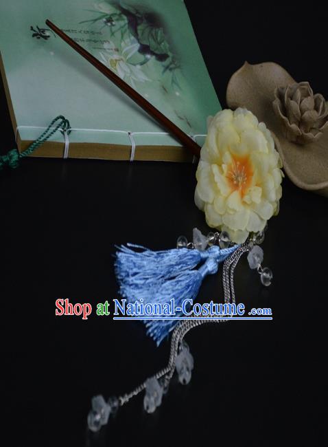 Chinese Traditional Ancient Hair Accessories Hanfu Peony Hairpins Blue Tassel Hair Clip Headwear for Women