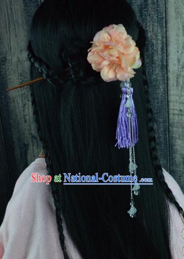 Chinese Traditional Ancient Hair Accessories Hanfu Pink Peony Hairpins Tassel Hair Clip Headwear for Women