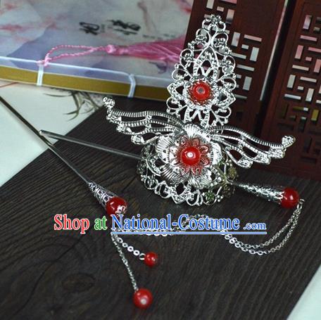 Chinese Traditional Ancient Hair Accessories Hanfu Hairpins Red Beads Hairdo Crown Headwear for Women